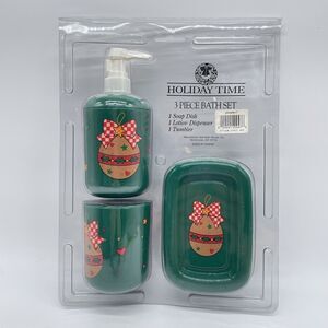 VTG NEW Holiday Time 3 Piece Bath Set Christmas Soap Dish, Dispenser & Tumbler